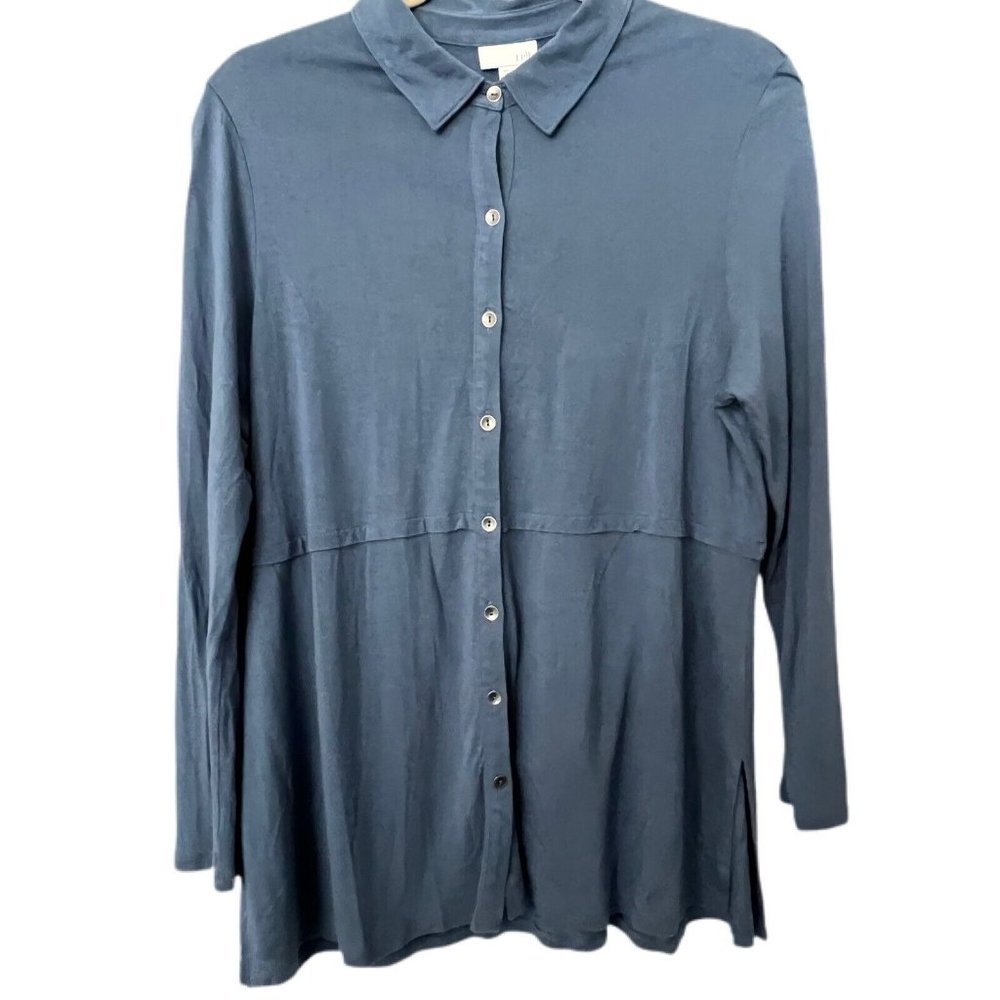 J‎ Jill Petites Womens Top PL Shirt Button Down Tunic Blouse Denim Blue Rayon